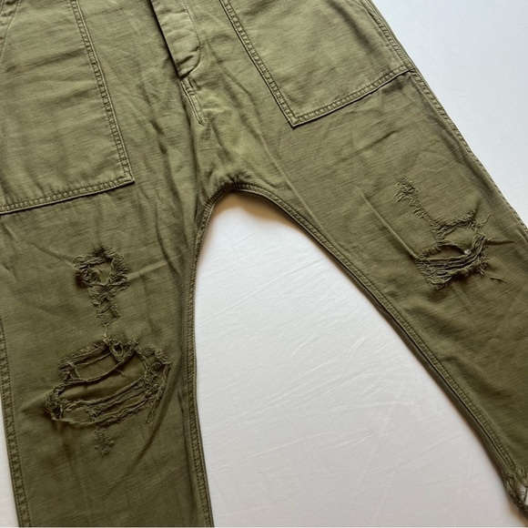 R13 olive army green utility Japanese denim distressed cropped straight leg pant - Picture 3 of 11